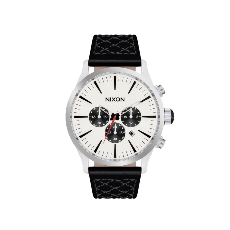 Nixon Sentry Chrono Leather Watch Chrome Cloud Sunray Black