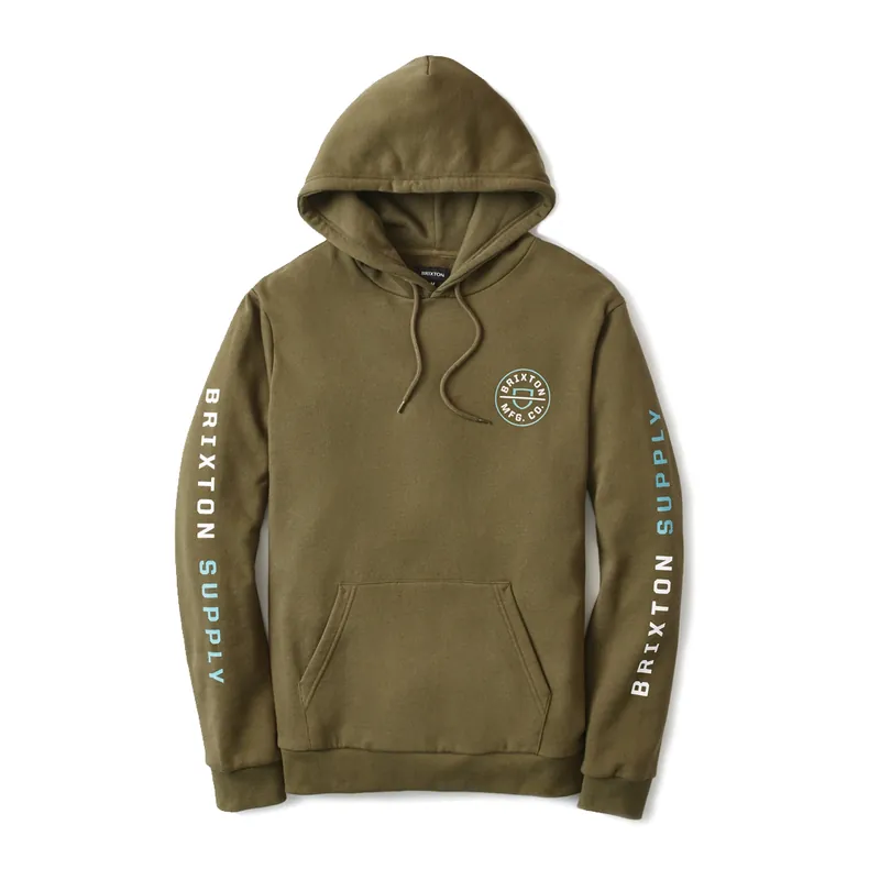 Brixton Crest Hood Pullover Hooded Sweatshirt Military Oliver Teal White