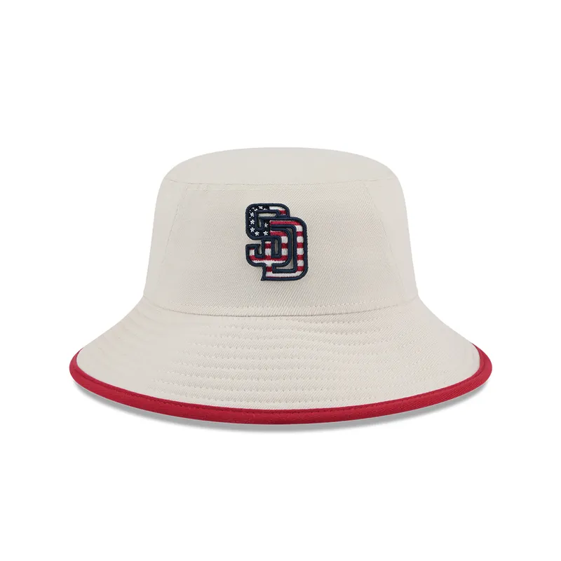 New Era San Diego Padres July 4th 2024 Official Bucket Hat Stone Red Blue