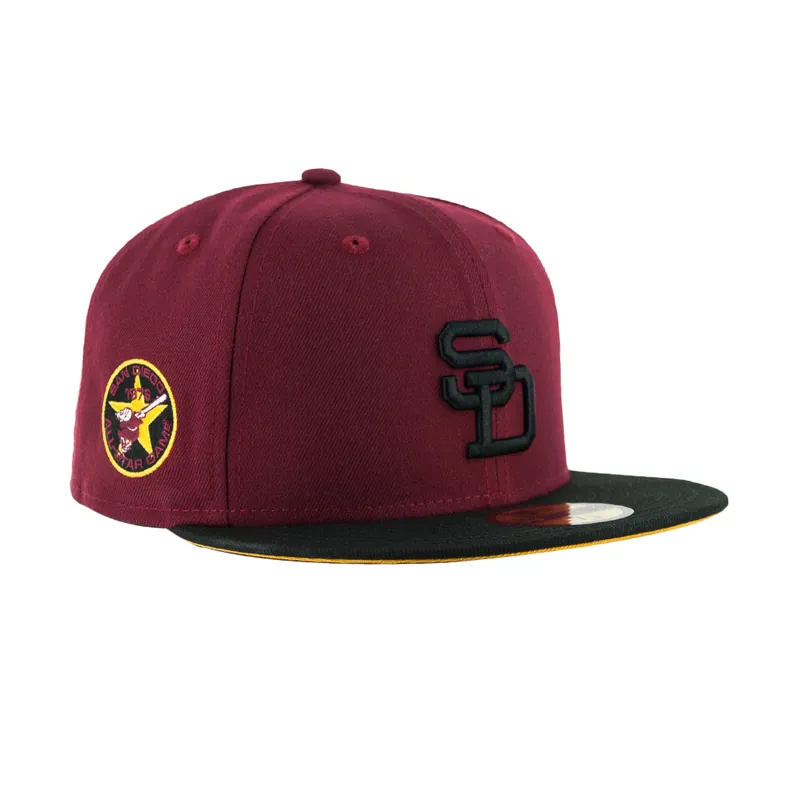New Era x Billion Creation x Rally Caps 59Fifty San Diego Padres Montezuma Cardinal Red Black Gold Fitted Hat