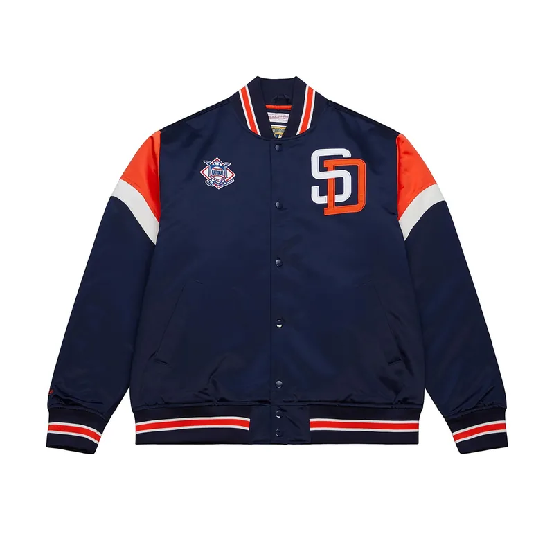Mitchell & Ness San Diego Padres Heavyweight Satin Jacket Navy Blue Orange