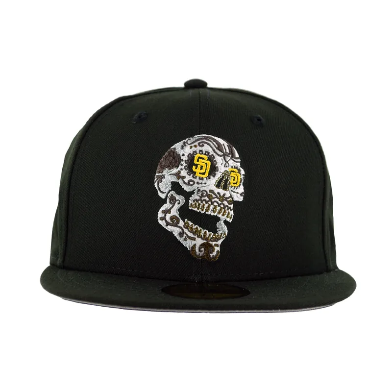 New Era 59Fifty San Diego Padres Flying Skull Fitted Hat Black White Gold Yellow - Billion Creation