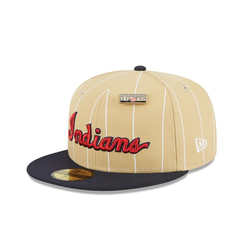 New Era 59Fifty Cleveland Indians Pinstripe Day Fitted Hat Camel Dark Navy