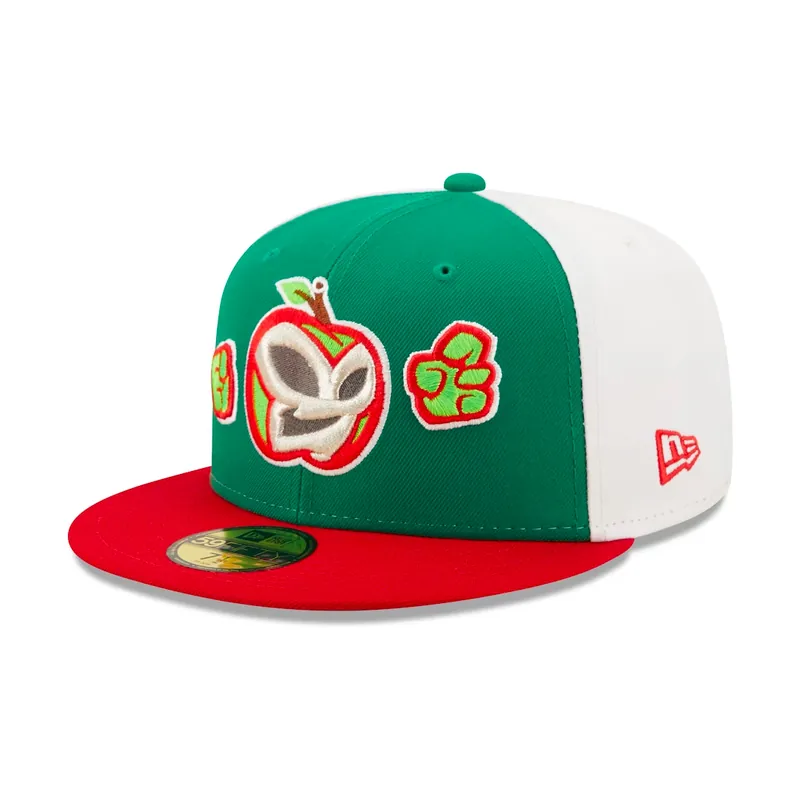 New Era 59Fifty Fort Wayne Tin Caps Manzanas Luchadoras Copa de la Diversion Fitted Hat Green Red