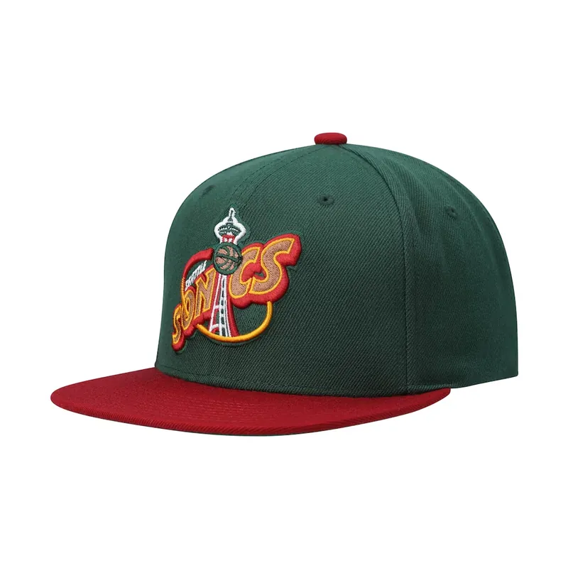 Mitchell & Ness Seattle Sonics Two Tone 2.0 Snapback Hat Dark Green Burgundy