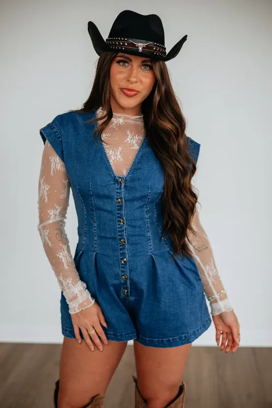 Chrissa Denim Romper - Peach Love California