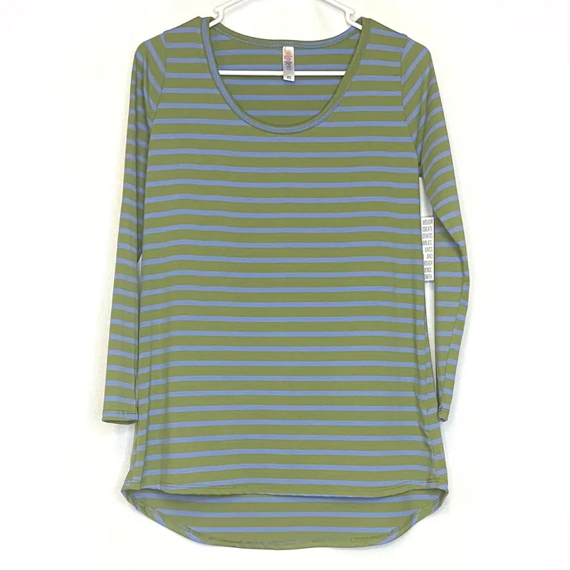 LuLaRoe Womens XS Light Green/Blue Regimental Stripes Lynnae L/s Activewear Top NWT