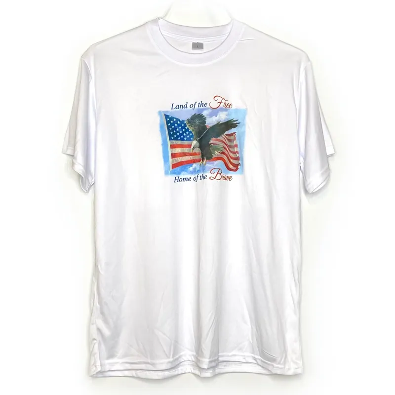 Men's White Short Sleeve T-Shirt with Patriotic Eagle Graphic - Size L - 'Land of the Free, Home of the Brave' - EUC