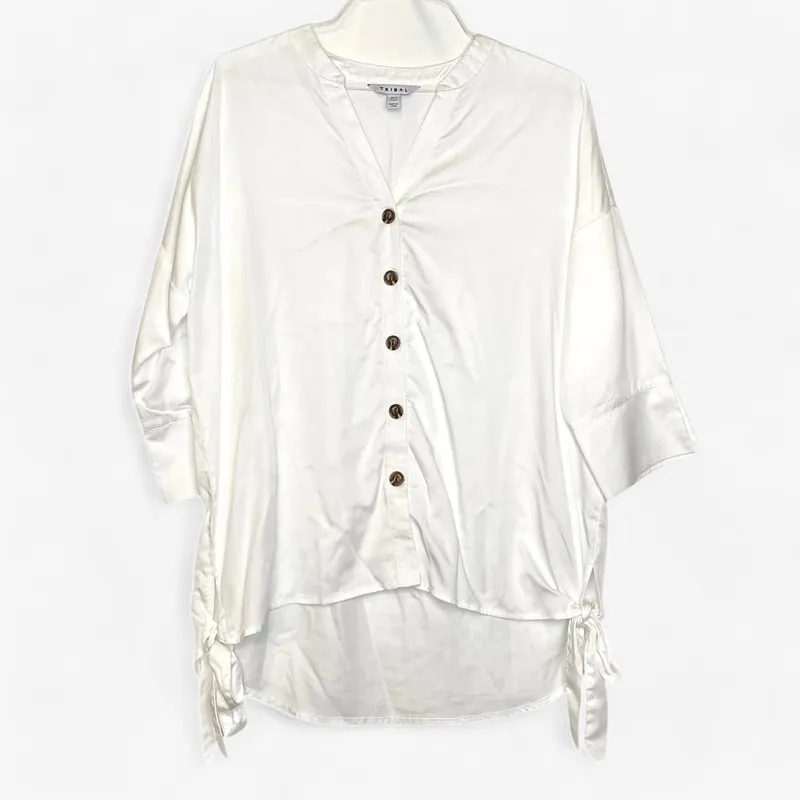 Tribal Women's White Button-Front Blouse with Side Ties - Size M - 3/4 Sleeves