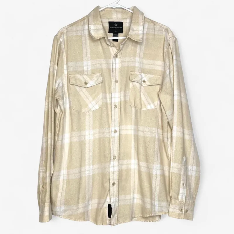 Shouthouse Men's Cream/White Plaid Soft Flannel Long Sleeve Shirt - Size L - Excellent Condition