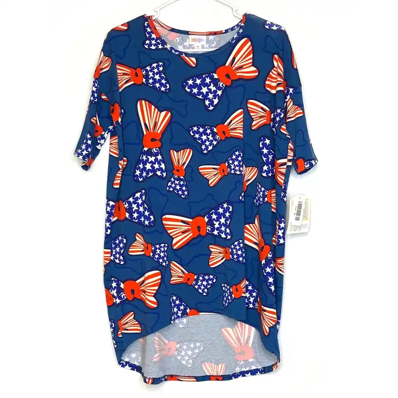 LuLaRoe Womens XS Irma Red/White/Blue American Flag Bows S/s Tunic Top NWT