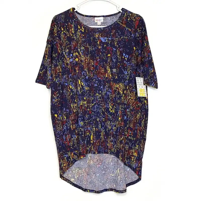 LuLaRoe Womens XXS Irma Red/Yellow/Blue Abstract S/s Tunic Top NWT