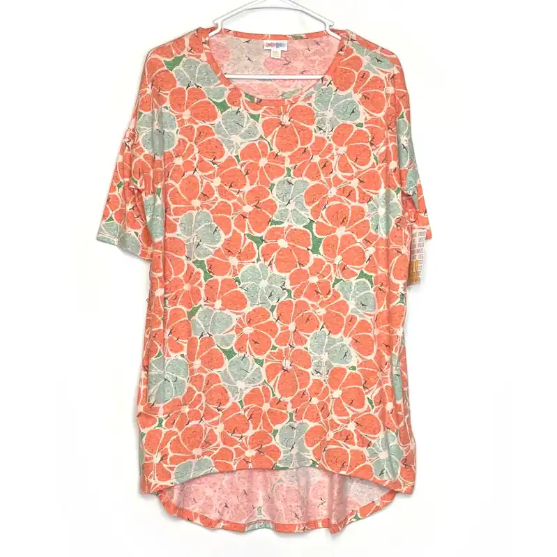 LuLaRoe Womens XXS Irma Orange/White/Green Floral S/s Tunic Top NWT