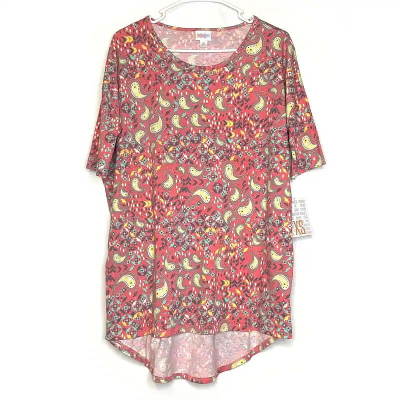 LuLaRoe Womens XS Irma Yellow/Red Paisley Pattern S/s Tunic Top NWT