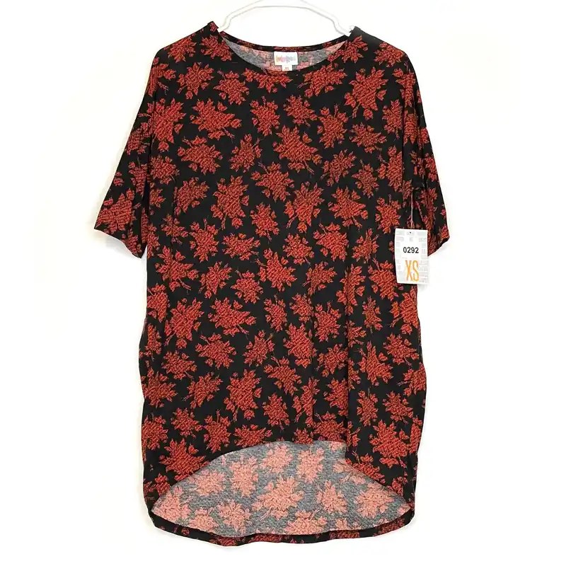 LuLaRoe Womens XS Irma Orange/Black Botanical Pattern S/s Tunic Top NWT