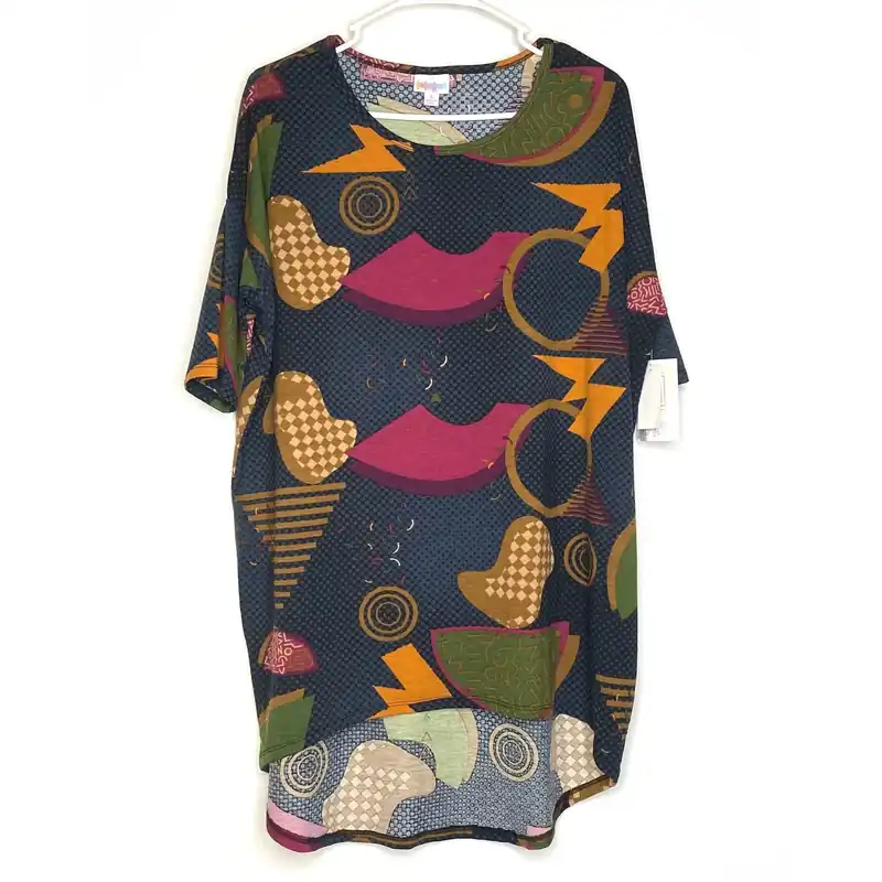 LuLaRoe Womens S Irma Multicolor/Blue Abstract/Polka Dots S/s Tunic Top NWT