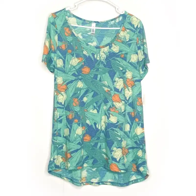 LuLaRoe Womens L Green/Orange/Cream Floral Classic T S/s Top | NWT