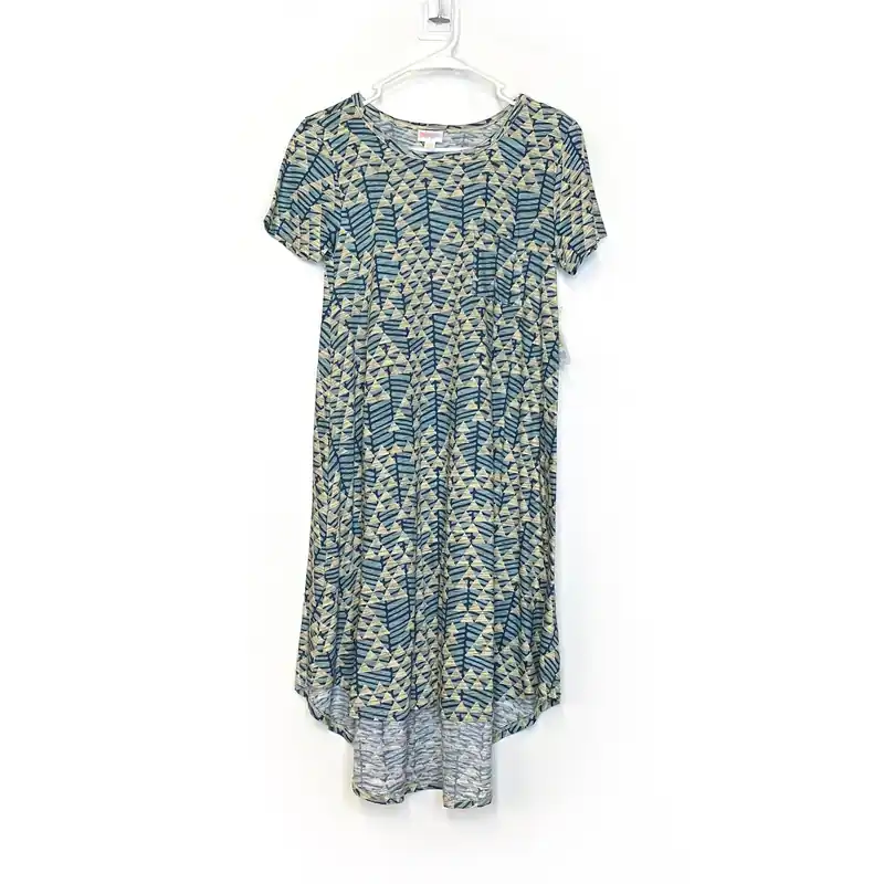LuLaRoe Womens XXS Cream/Blue Triangle Pattern 'Carly' S/s Swing Dress NWT