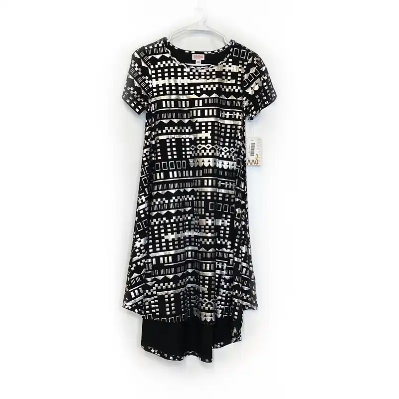 LuLaRoe Womens XXS Black/Silver Metallic ELEGANT 'Carly' S/s Swing Dress NWT