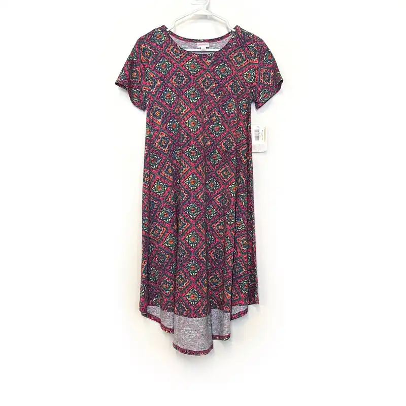 LuLaRoe Womens XXS Red/Orange/Blue Mandala 'Carly' S/s Swing Dress NWT