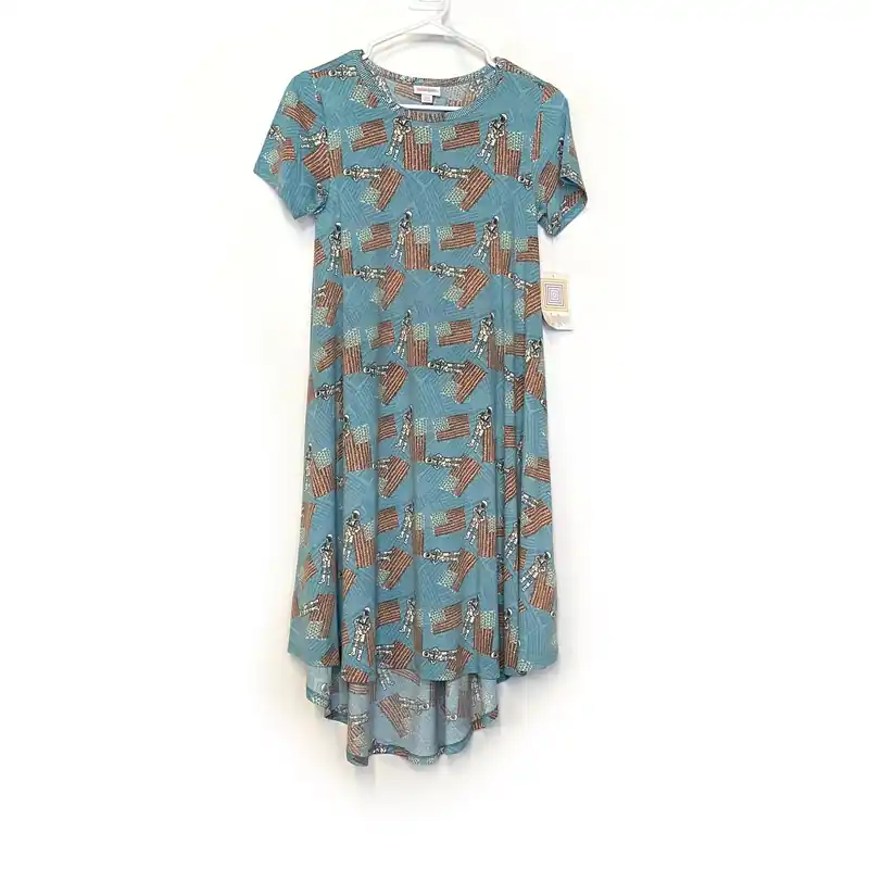 LuLaRoe Womens XXS Blue/Multicolor Astronauts 'Carly' S/s Swing Dress NWT