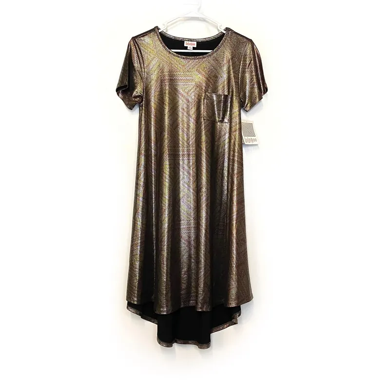 LuLaRoe Womens XS Purple/Silver/Gold Metallic ELEGANT 'Carly' S/s Swing Dress NWT