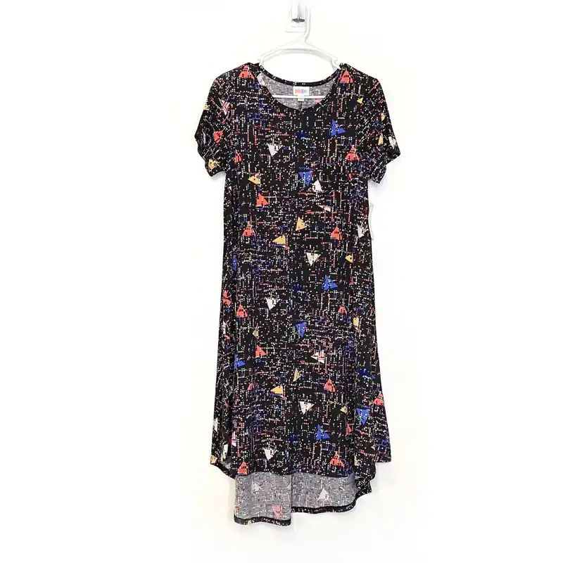 LuLaRoe Womens S Black/Blue/Orange Digital Dots 'Carly' S/s Swing Dress NWT