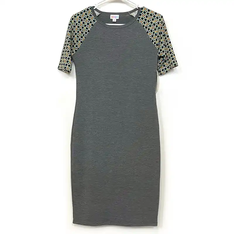 LuLaRoe Julia Bodycon Dress | XS (2-4) | Gray/Blue/Yellow | Spots | NWT