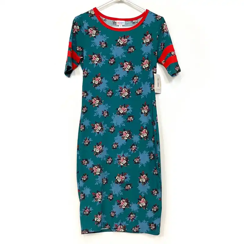 LuLaRoe Julia Bodycon Dress | XS (2-4) | Green/Red | Ringer/Floral | NWT