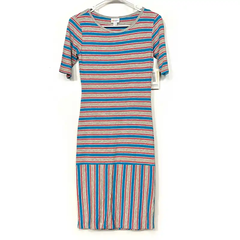 LuLaRoe Julia Bodycon Dress | XXS (00-0) | Gray/Red/Blue | Striped | NWT
