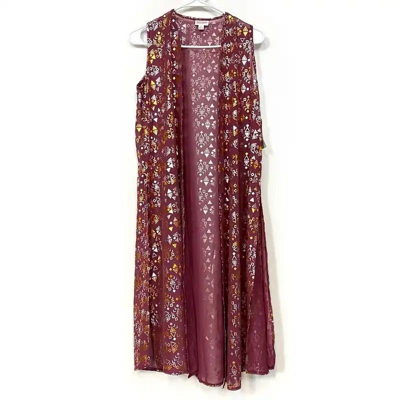LuLaRoe Womens Size S ELEGANT Red/Gold/Silver Joy Geometric Duster Vest Sleeveless NWT