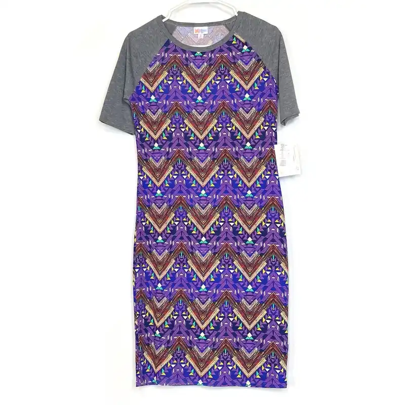 LuLaRoe Julia Bodycon Dress | S (4-6) | Blue/Gold | Gray/Purple/Yellow | NWT