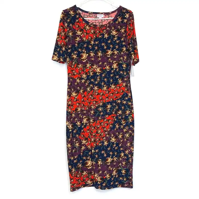 LuLaRoe Julia Bodycon Dress | M (8-10) | Purple/Red/Blue | Floral | NWT
