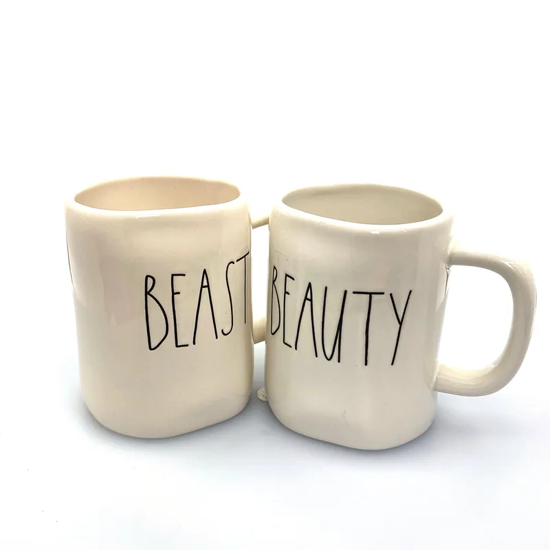 Pair of Rae Dunn ‘BEAUTY/BEAST’ Large Letters White Coffee Cup Mug By Magenta Pre-Owned