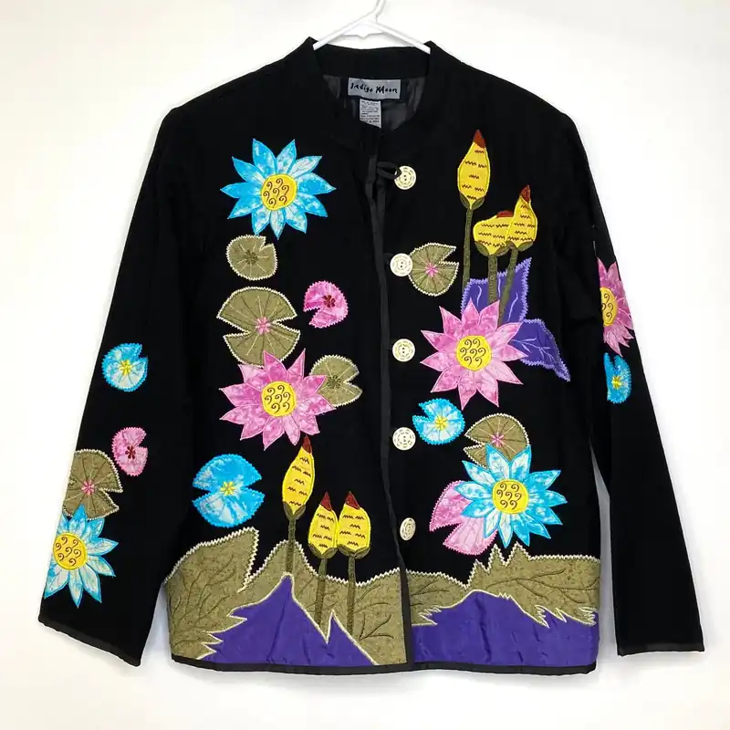 Eye-Catching Indigo Moon Womens Embroidered & Embellished Button-Up Jacket Size Medium Floral Black
