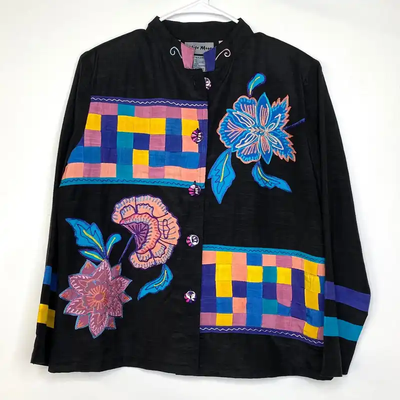 Elegant Indigo Moon Womens Size Medium Black Jacket Mandrin Collar Embroidered & Embellished