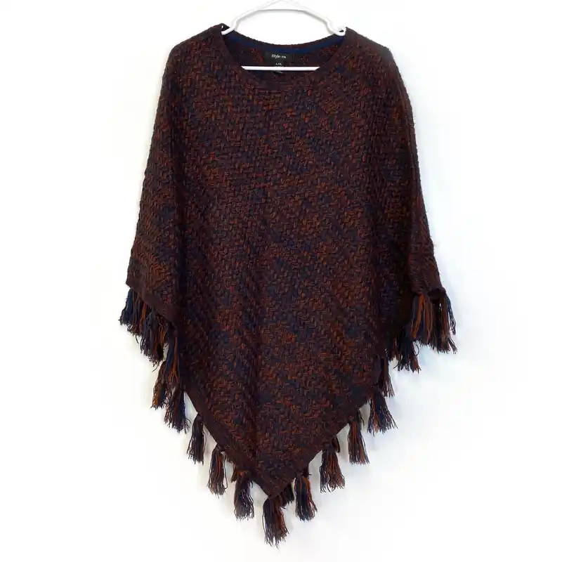 Style & Co. Womens L/XL Orange/Blue Shawl Sweater Fringe - Style&co.