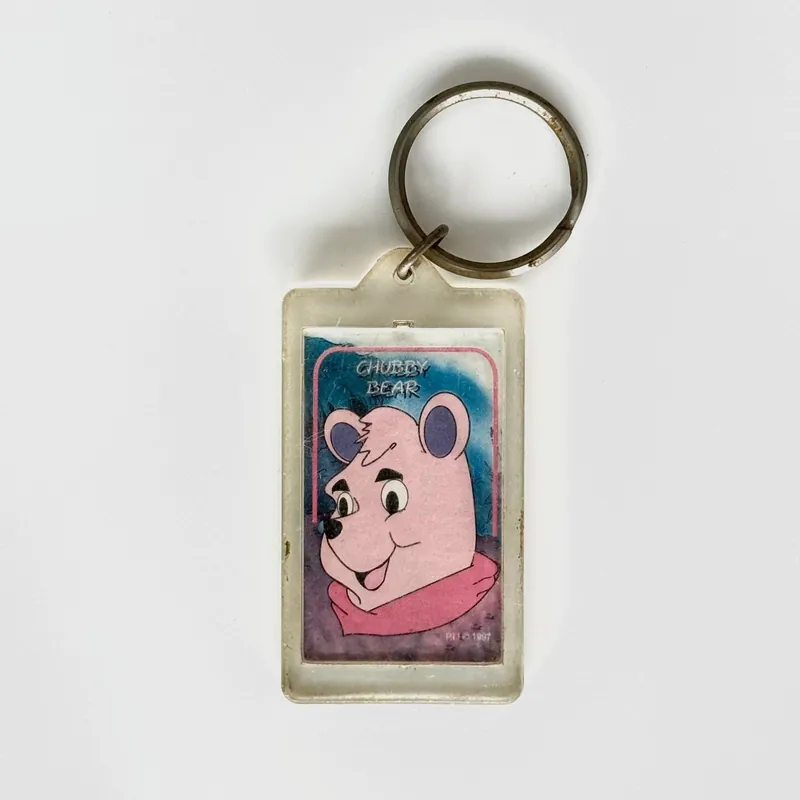 Novelty Adult Humor ‘CHUBBY BEAR’ Keychain Key Ring Rectangle Clear Acrylic, fair condition - PII
