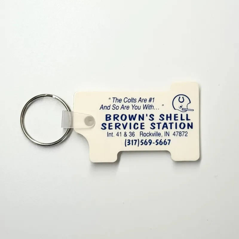 Rockville, IN ‘Brown’s Shell Station/Colts 1991 Schedule’ Keychain Key Ring White Rubber #1 - Unmarked