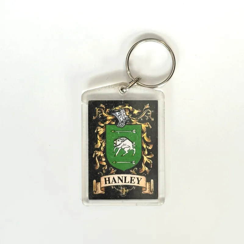 Hanley Family Crest Key Ring Rectangle Clear Acrylic, Fair Condition - Unmarked
