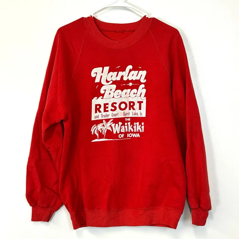 Harlan Beach Resort and Trailer Park | Fleece Crewneck Sweatshirt L/s | Color: Red | Size: M | Unisex - Unmarked