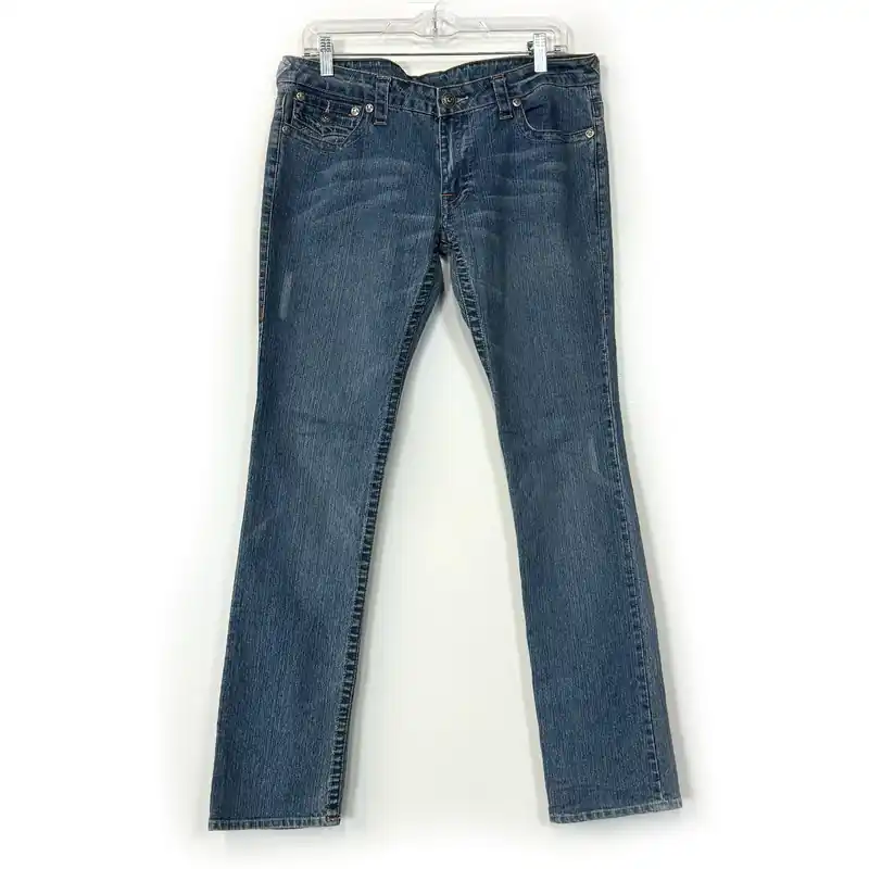 True Religion Johnny Buddha Guitar Jeans – Comfortable Cotton Blend for Women – Perfect for Casual Wear – Available in Blue, Size 31
