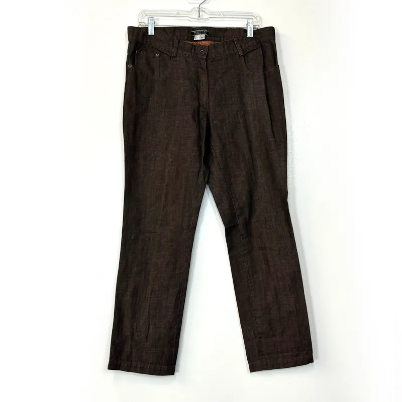 Peruvian Connection Women's Linen Denim Over Dye Jeans - Pre-Owned Size 12 for Casual Wear - Color: Brown