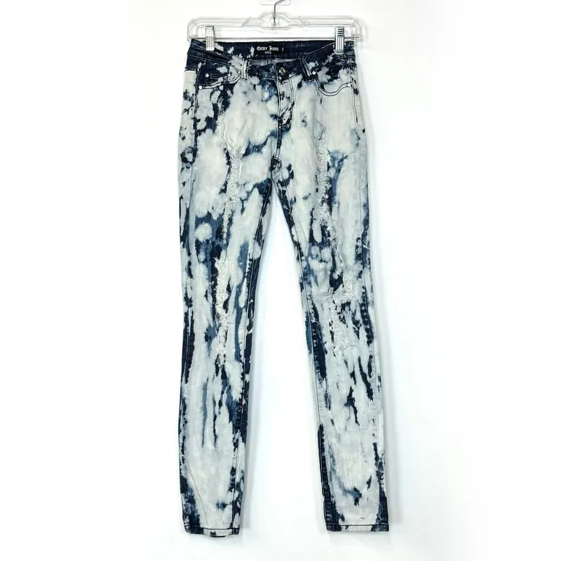 Encore Junior Girls Acid-Washed Denim Jeans - Size 5 - Blue/White - Cotton/Lycra Blend