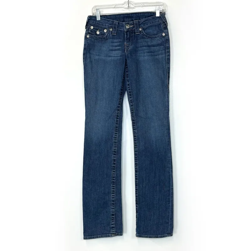 True Religion Straight Denim Embroidered Pocket Jeans – Machine Washable Comfort for Women – Available in Blue, Size 27
