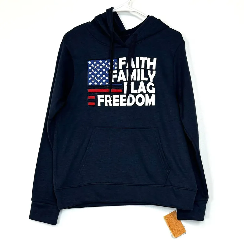 Faith Family Flag Freedom Pullover Hoodie - Size M - Blue - NWT