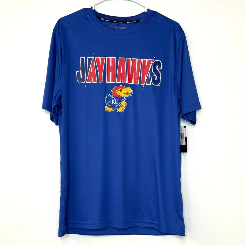 KANSAS JAYHAWKS - NCAA | Mens S/s Poly T-Shirt | Color: Blue | Champion | NWT