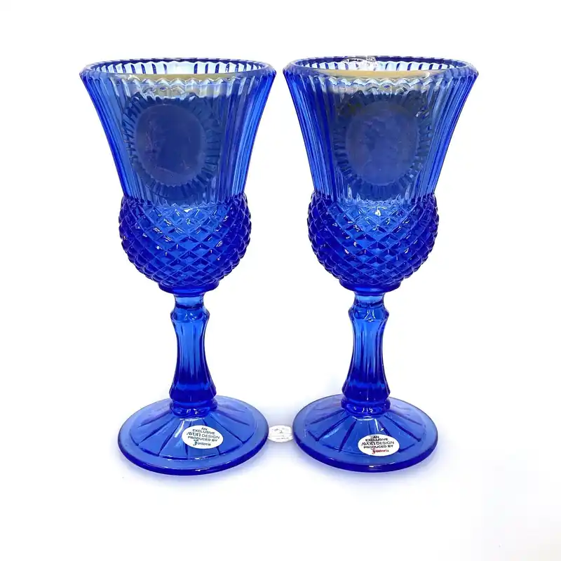 Avon by Fostoria Glass Candle Holder Cobalt Blue MARTHA & GEORGE WASHINGTON 1976, Set of 2