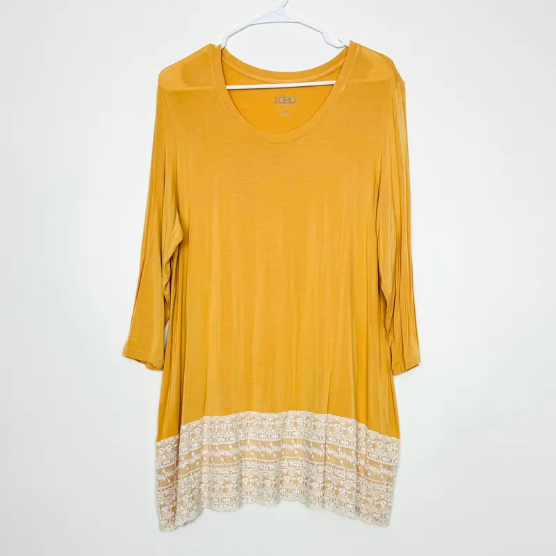 LoGo Lori Goldstein | Womens 3/4 Sleeve Lace Trim Tunic Top | Color: Yellow/Cream | Size: XL | EUC