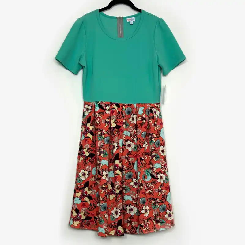 LuLaRoe Vault | Amelia Solid/Floral Split Dress | Color: Green/Pink | XL (18-20) | NWT